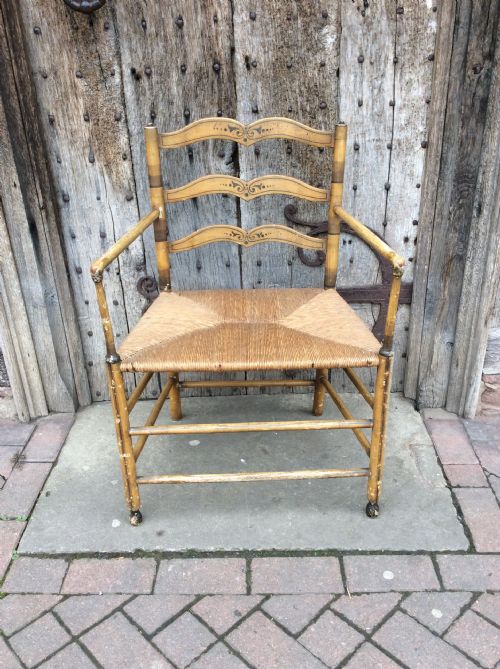 19thc Decorated Rushed Seat Open Arm Armchair
