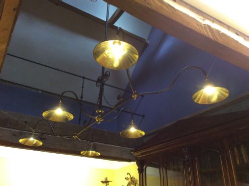 19thc Gasolier Conversion Billiard/kitchen Six Branch Steel and Brass Light.