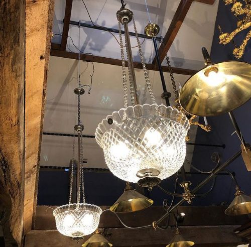 A Pair of Edwardian Cut Glass & Plated Bowl Chandeliers