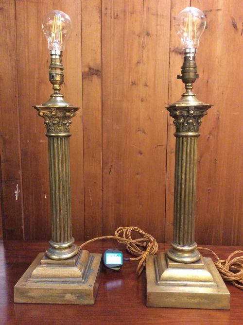 A Pair of Edwardian Brass Corinthian Column Table Lamps