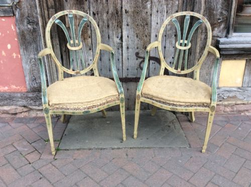 Pair of 19th C Painted Open Arm Armchairs with Prince of Wales Feathers Shaped Back
