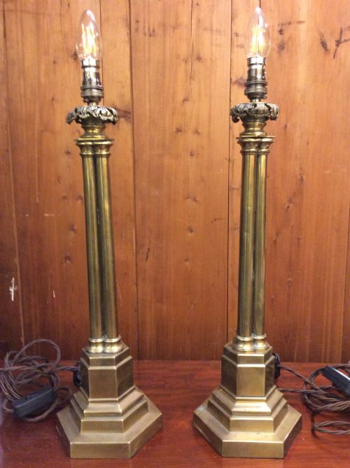 A Pair of 19thc Cluster Column Brass Lamps
