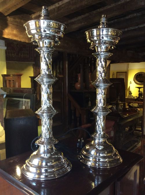 A Pair of Edwardian Silverplated Converted Gothic Candlestick