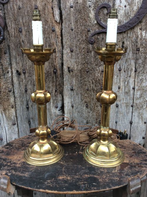 A Pair of Gothic Revival Brass Table Lamps
