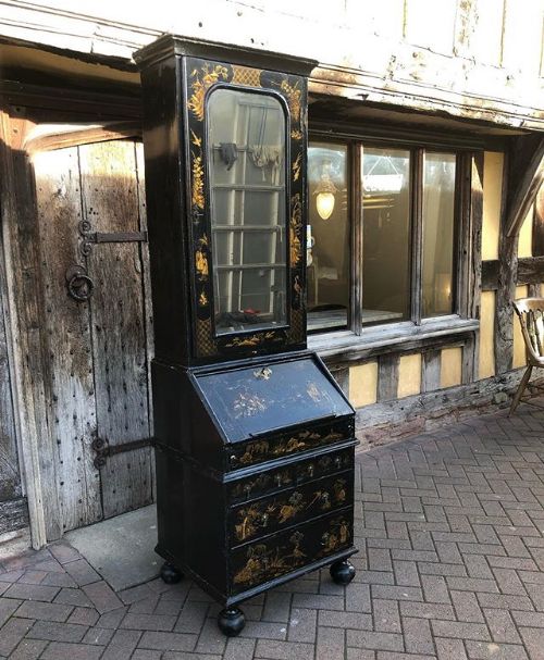 A Queen Anne Chinoiserie Black Lacquered Bureau Bookcase