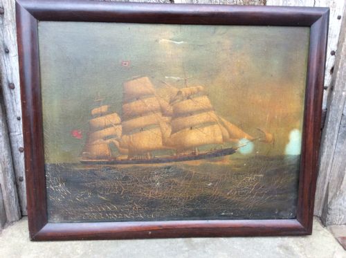 19thc Oil Painting of Sailing Ship in Roswood Frame