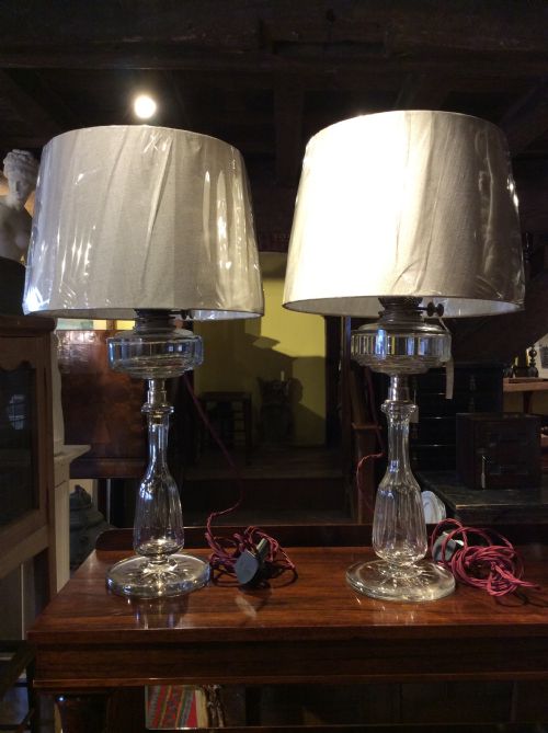 A Pair of 19thc Cut Glass & Plated Silver Table Lamps