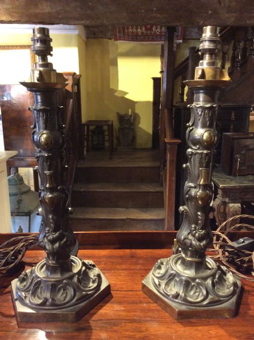 19thc Pair of Repoussé Brass Lamps