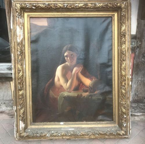 19thc Large Oil Painting on Canvas in Gilded Frame. Signed