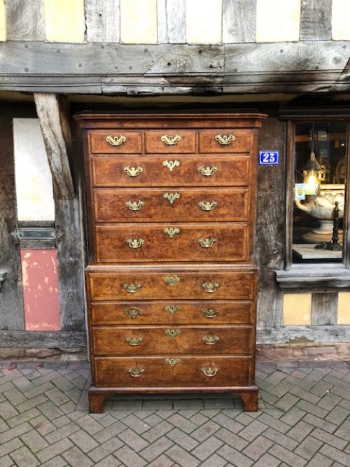 A George I Burr Walnut Secretaire Chest on Chest