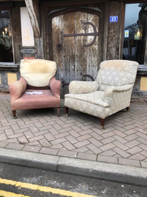A Pair of Edwardian Deep Seated Grafton Model Howard & Sons Armchairs
