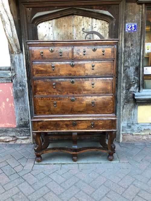 17th Century William & Mary Burr Elm, Walnut & Oak Chest on Stand