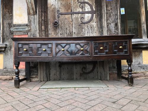 17th Century Oak Jacobean Moulded-front Three Drawer Dresser Base on Bolster Turned Legs