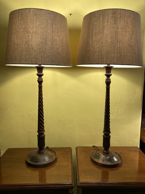 A Pair of 19th Century Tall, Fine Quality, Turned Mahogany Table Lamps