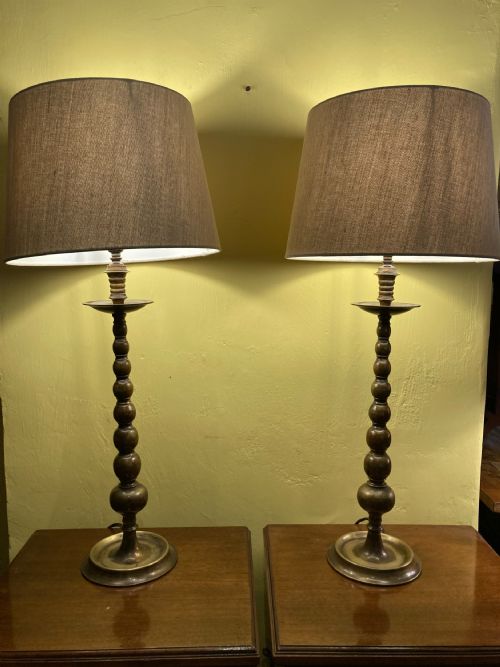 A Pair of 19th Century Patinated Brass Bobbin Table Lamps