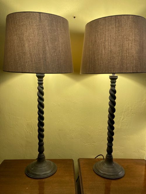 A Pair of 19th Century Tall, Twisted Column, Patinated Brass Table Lamps