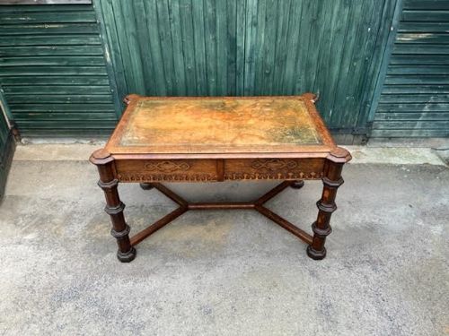 19th Century Oak Gothic Revival 2 Drawer Freestanding Writing Table