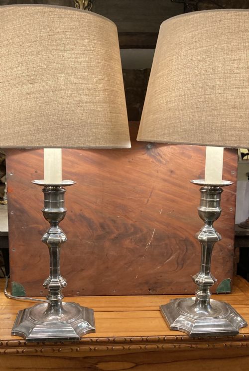A Pair of Electro Plated Nickel Silver Table Lamps C 1900