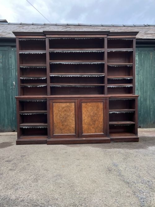 Late 19th Century English Walnut and Burr Walnut Library Breakfront Bookcase by Holland & Sons