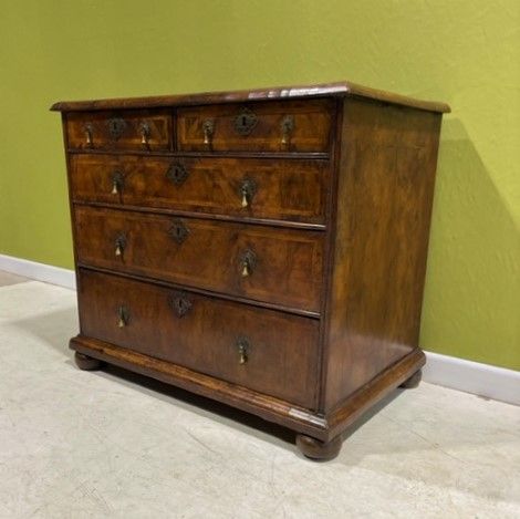 18th Century Walnut Inlaid and Banded Chest of Two Small and Three Long Drawers with Brass Drop Handles, Standing on Bun Feet