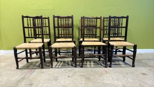 A Set of Eight 18th Century Spindle-back Country Dining Chairs with Rush Seats