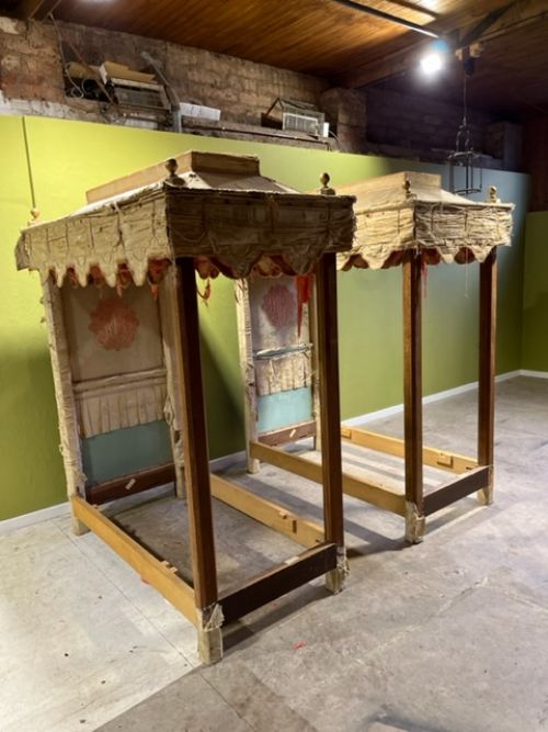 Pair of Early 20th Century Upholstered Single Four-poster Canopy Beds
