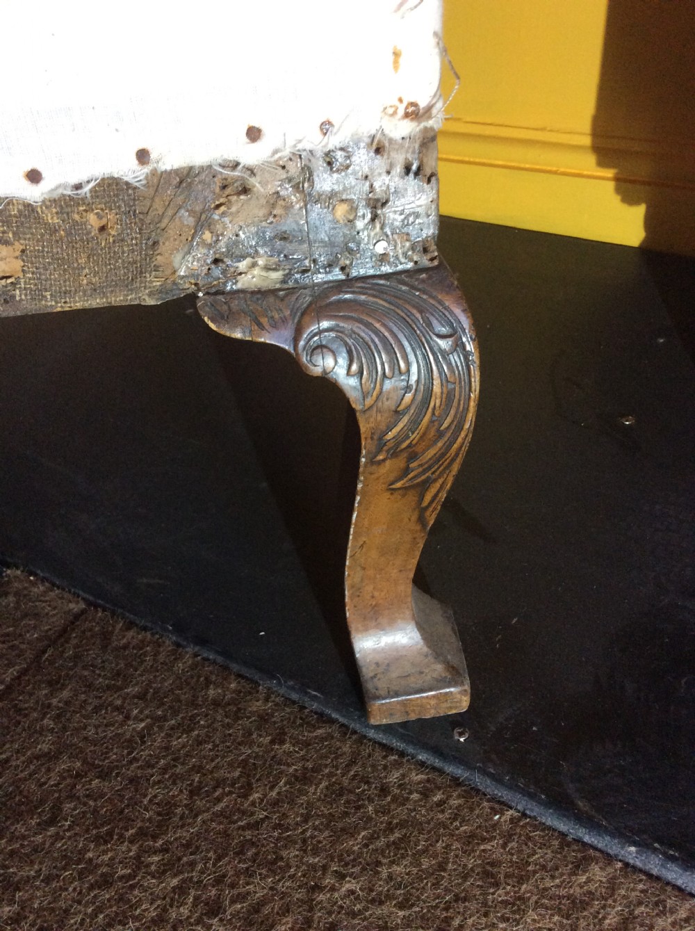 18th C English Walnut cab leg wing armchair. View II