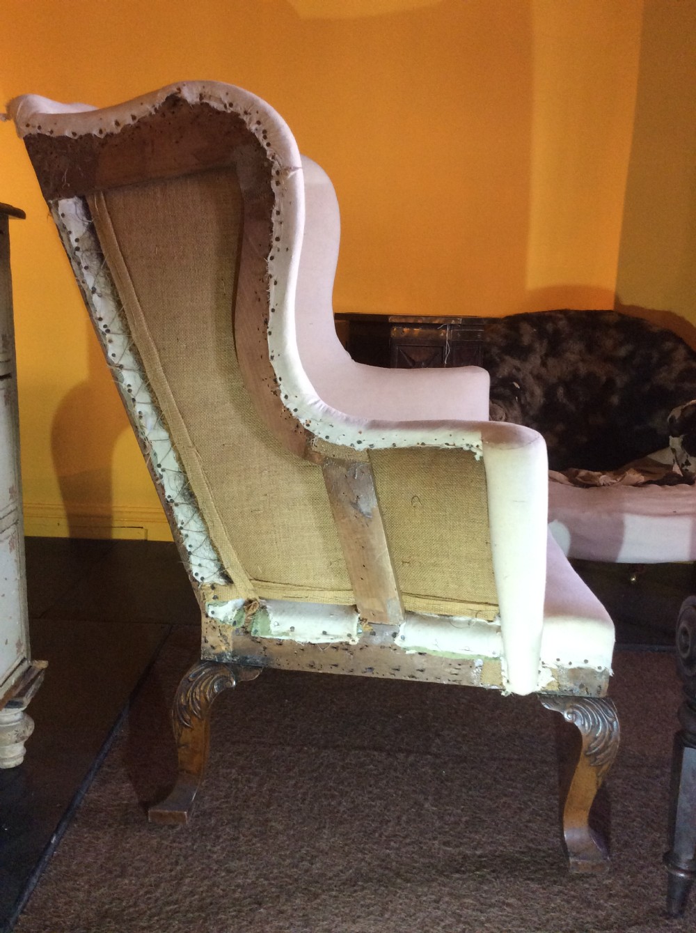 18th C English Walnut cab leg wing armchair. View III