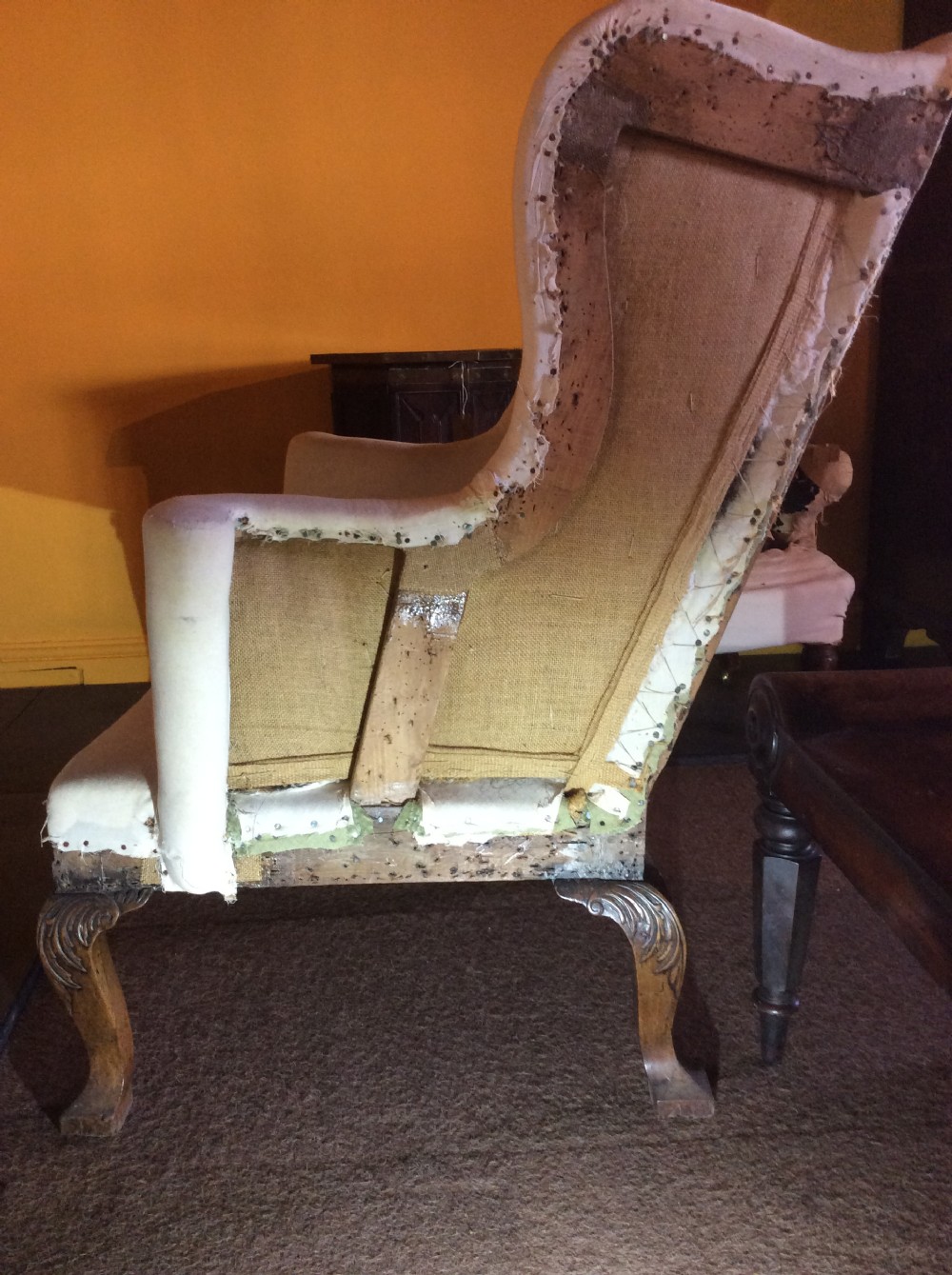 18th C English Walnut cab leg wing armchair. View V