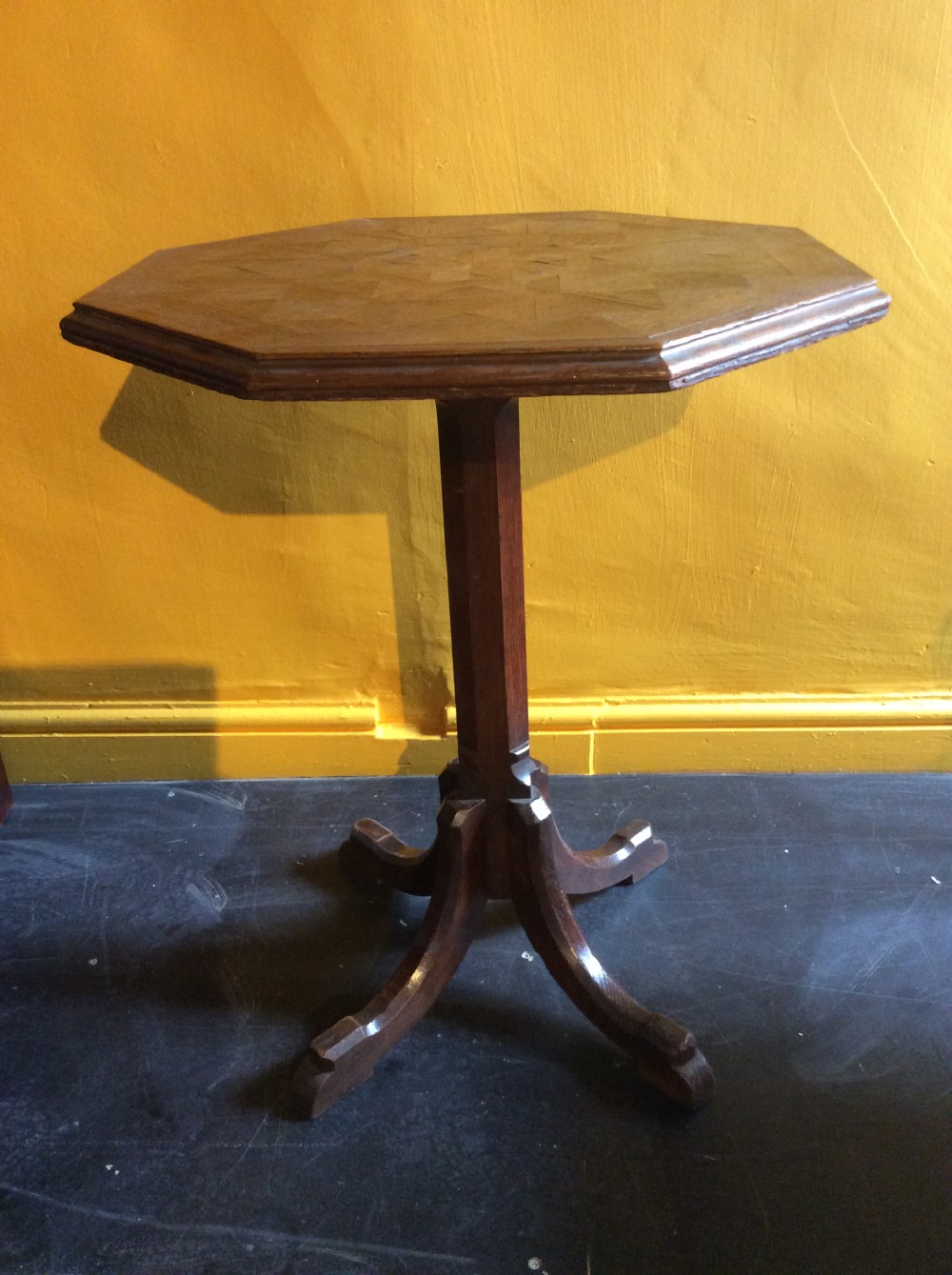 19th C Oak parquetry top reformed gothic table. View IV
