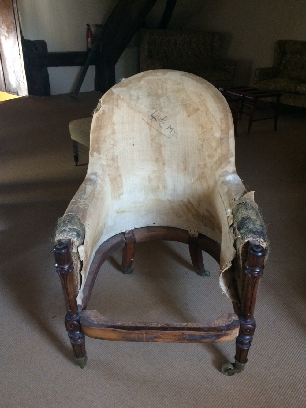 19th C Rosewood library armchair for upholstery.19th C Rosewood library armchair. View II