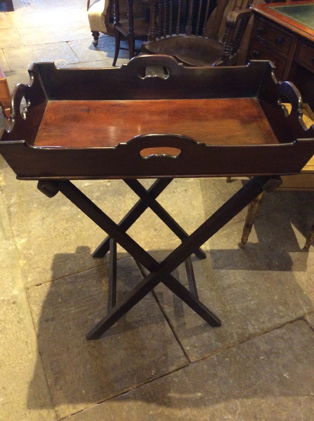 18th C Mahogany butler’s tray on stand. View II
