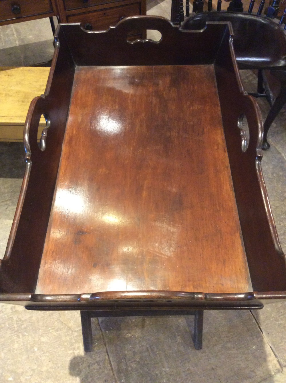 18th C Mahogany butler’s tray on stand. View III