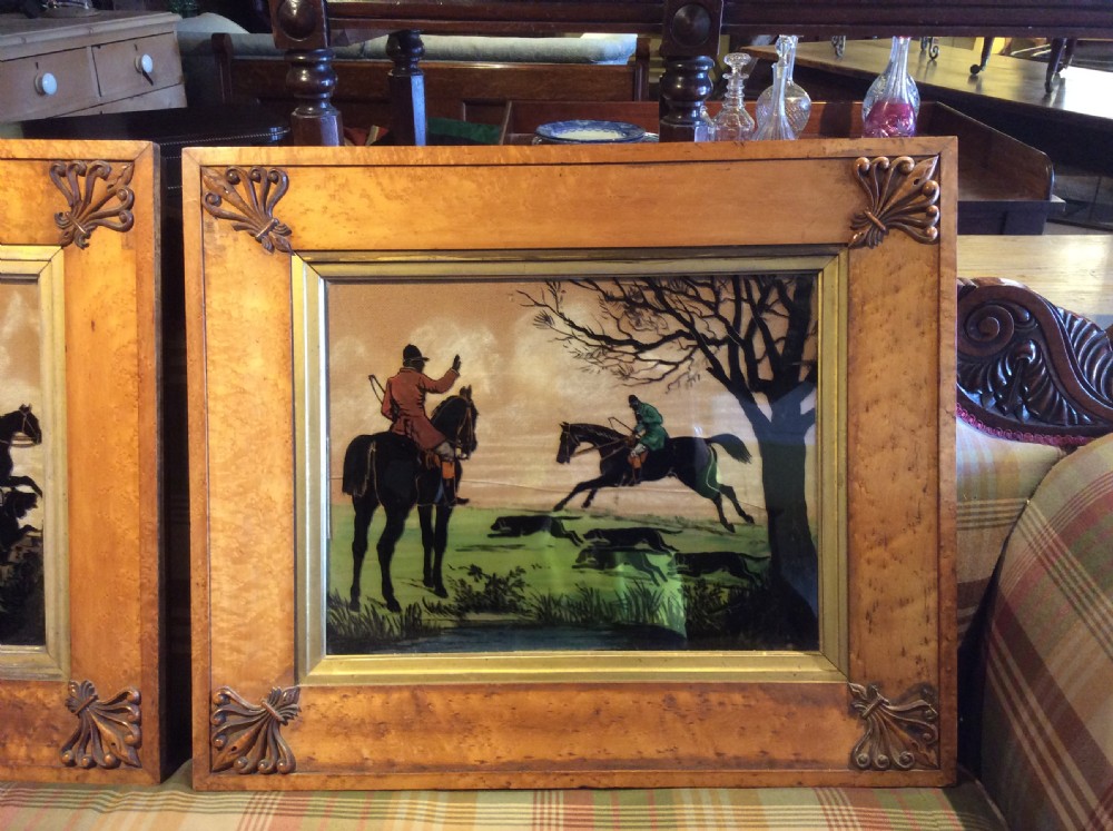 19th C Pair of hunting scenes in bird’s eye maple frames. View III