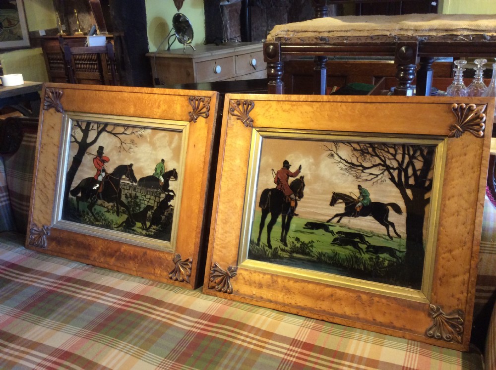 19th C Pair of hunting scenes in bird’s eye maple frames. View IV