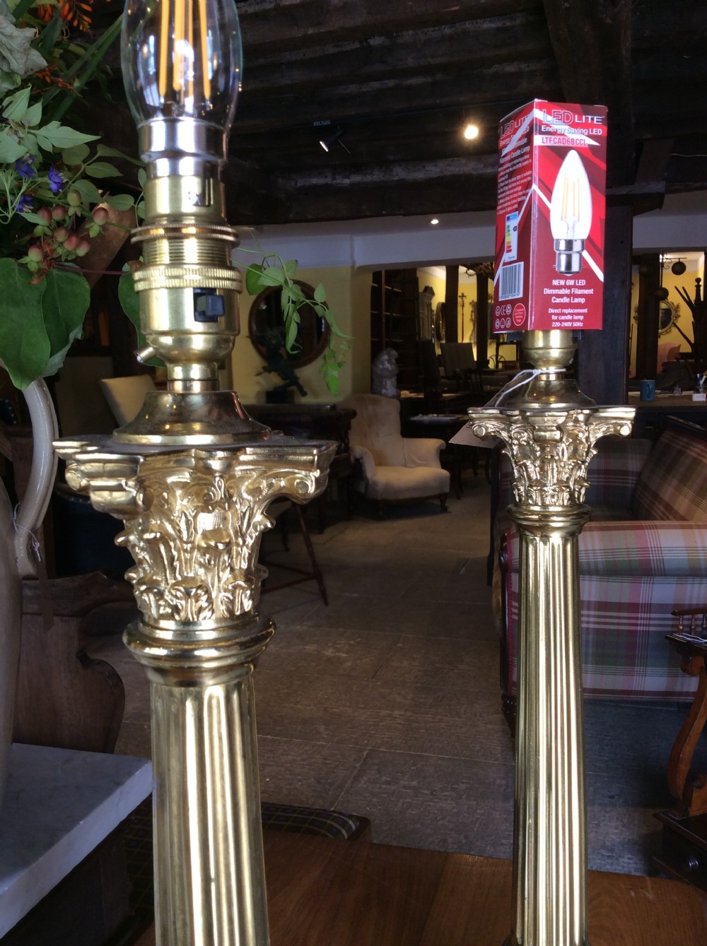 Early 20thC Pair of Corinthian column brass lamps View II