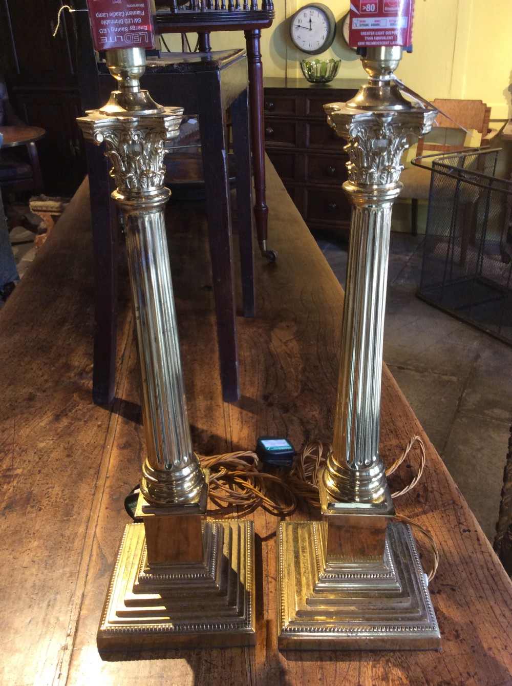 Early 20thC Pair of Corinthian column brass lamps View III