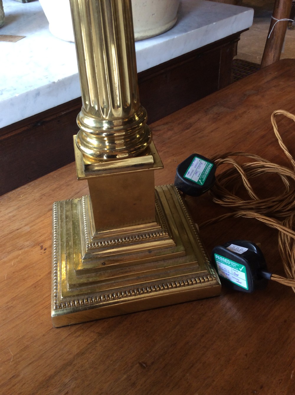 Early 20thC Pair of Corinthian column brass lamps View IV