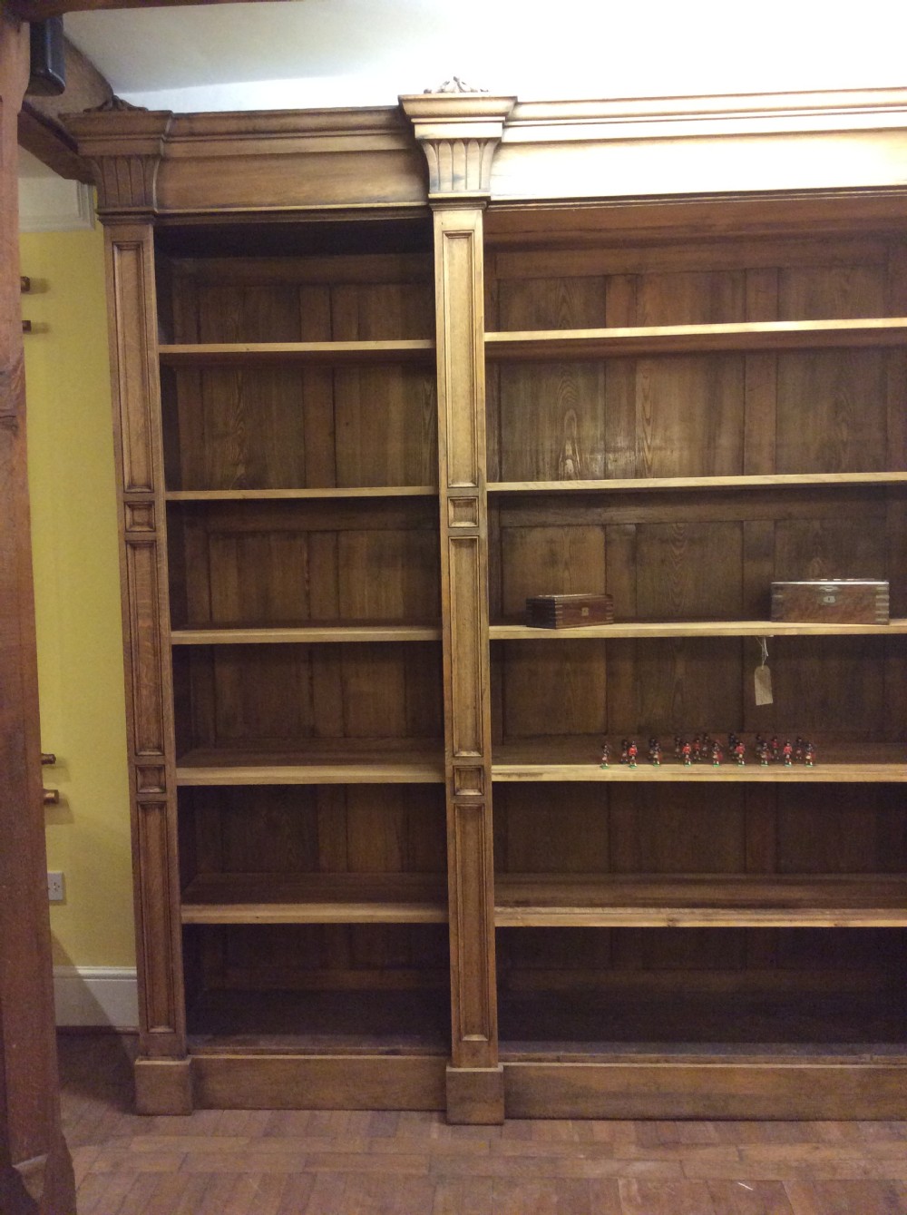 19thC English Oak architectural open fronted 3 selectional bookcase View II