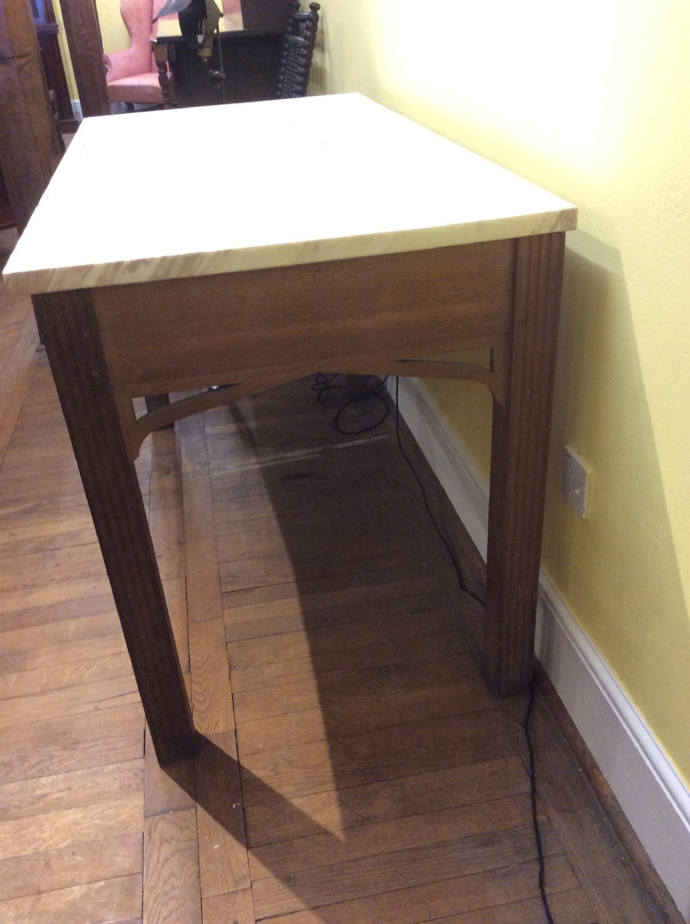 19thC English Oak Gothic side table with fluted square legs and marble top View II