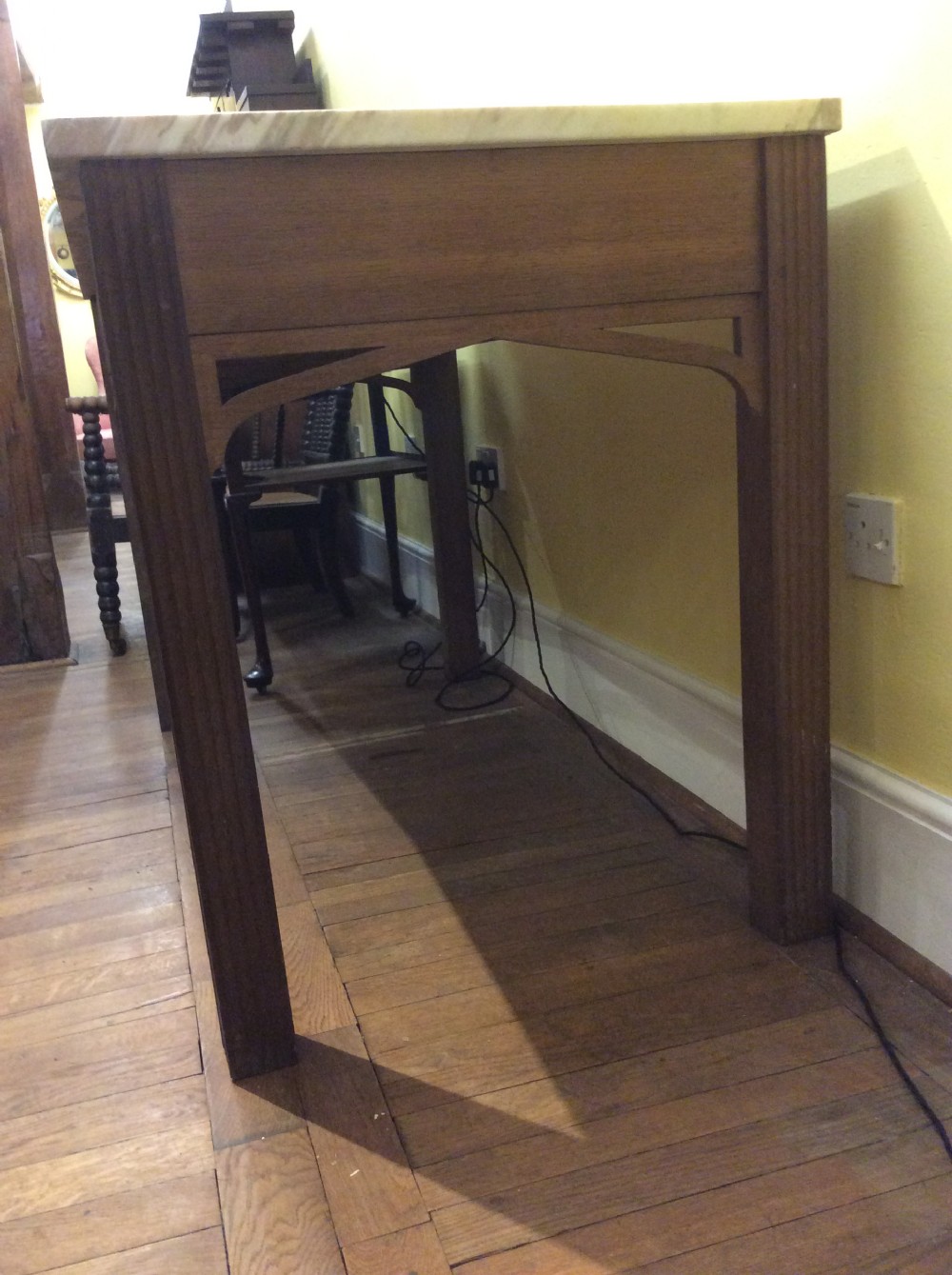 19thC English Oak Gothic side table with fluted square legs and marble top View III