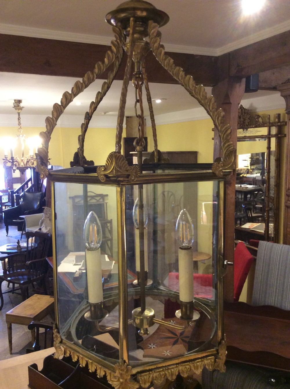 19thC Large gilt and brass lantern, rewired and PAT tested.