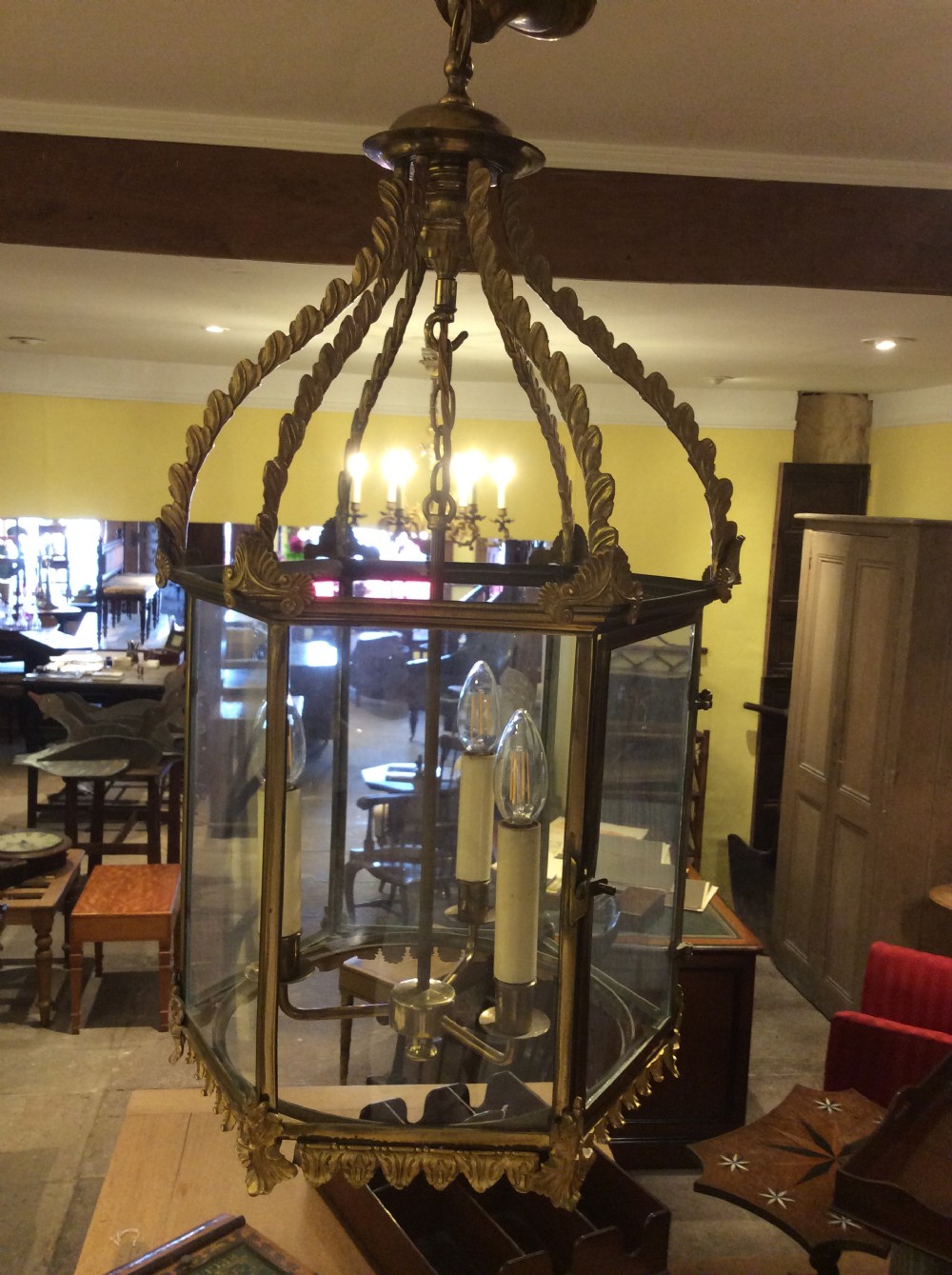 19thC Large gilt and brass lantern, rewired and PAT tested. View II