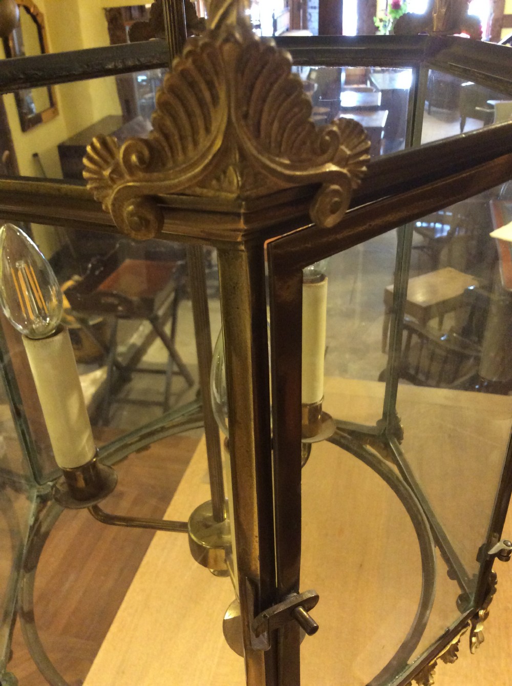 19thC Large gilt and brass lantern, rewired and PAT tested. View V