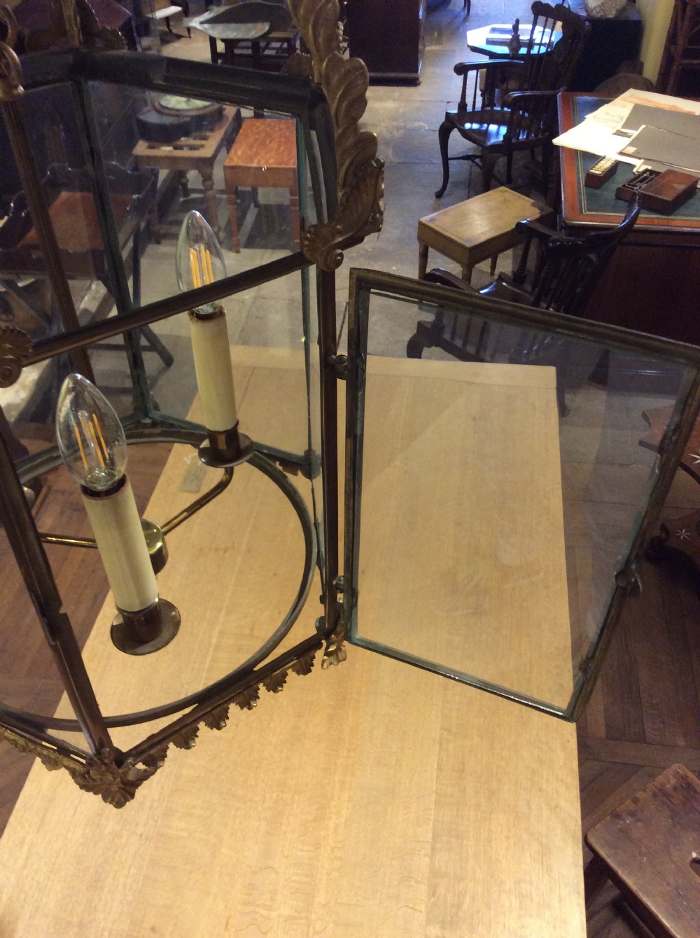 19thC Large gilt and brass lantern, rewired and PAT tested. View VI