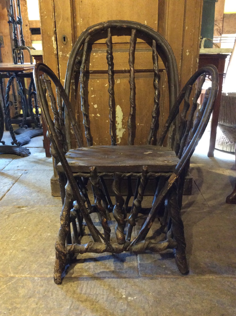 19thC Primitive chair made of twisted hazelnut