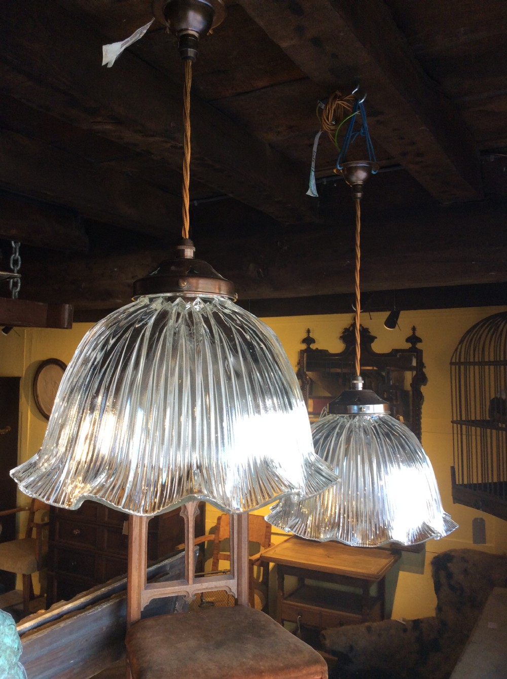 Early 20thC  Pair of Hollophane pendants, rewired & PAT tested