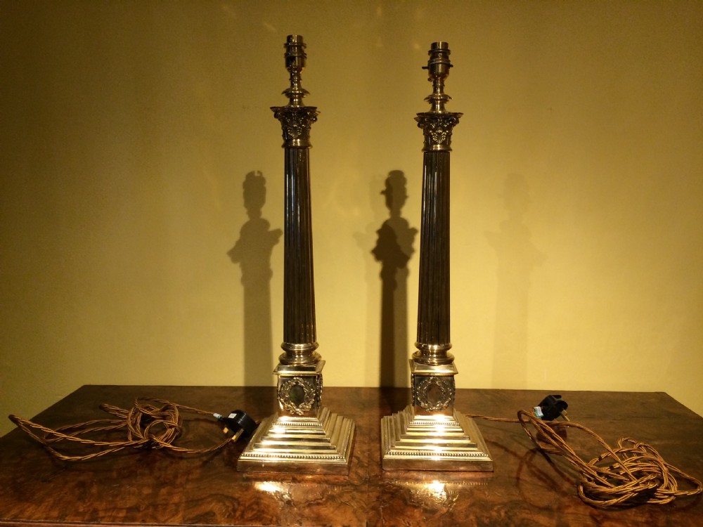 Early 20thC Pair of brass corythian columns lamp bases View II