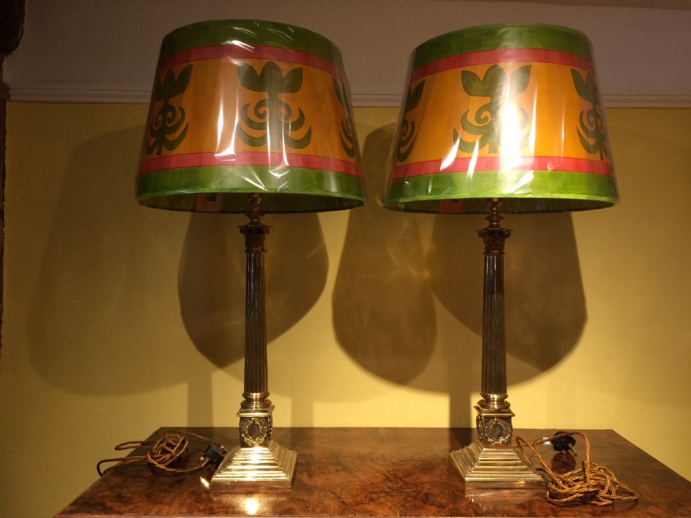 Early 20thC Pair of brass corythian columns lamp bases View V