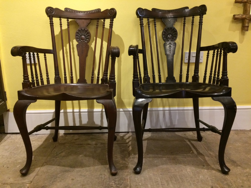 Pair of Edwardian, Georgian style mahogany Windsor chairs View II